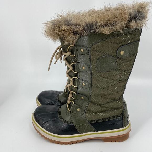Sorel Tofino II Boots Waterproof Waxed Canvas Faux Fur Green Women's Size 6 - Picture 6 of 12